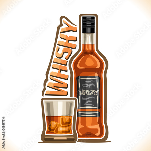 Vector illustration of alcohol drink Whisky, old brown bottle of premium scottish booze, half full tumbler glass with ice cubes, original typeface for word whisky, outline composition for bar menu.