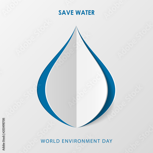 Paper cutout blue drop. World Environment Day June 5. Ecology, environment, nature protection concept. Save water. Template for banner, poster, leaflet. Vector illustration