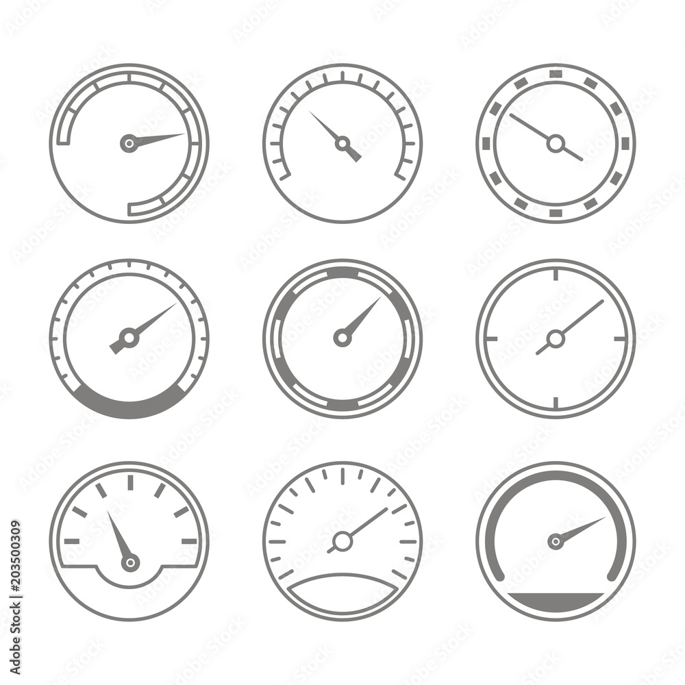 Set of monochrome icons with speedometers for your design Set of monochrome icons with speedometers for your design