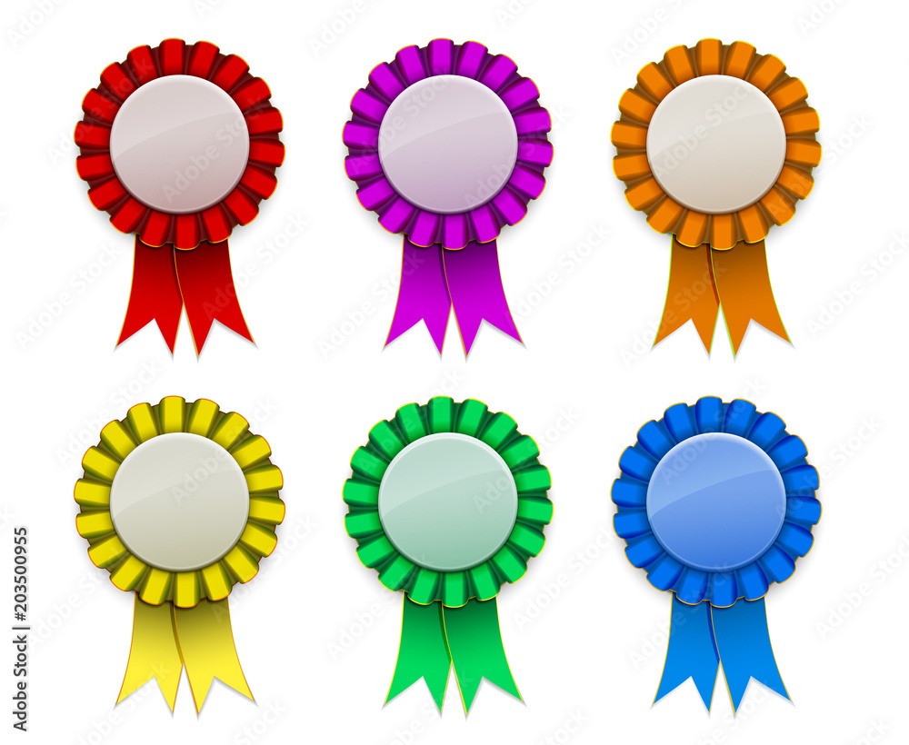 Ribbon Award badge Red Green Blue Yellow Magenta Orange on background Ribbon Award badge Red Green Blue Yellow Magenta Orange on background