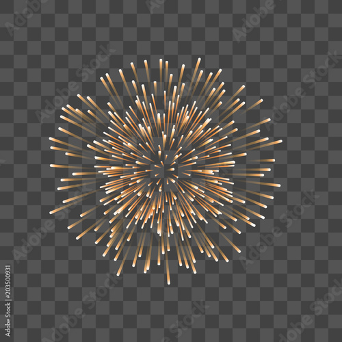 Beautiful gold firework. Couple romantic golden salute, isolated transparent background. Decoration firework for Christmas, New Year, Valentine Day celebration, holiday. Vector illustration