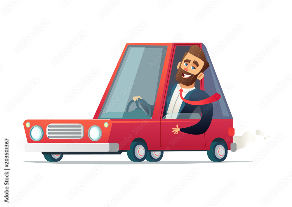 Joyful businessman driving a red car. Vector cartoon illustration Joyful businessman driving a red car. Vector cartoon illustration