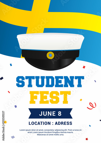 Studentfest (Swedish Translation: student party) poster Vector illustration. Graduation cap on Swedish flag.