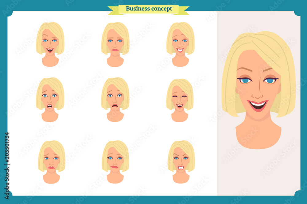 Set of woman expression isolated.Young housewife emotion portraits.Isolated on white.Cute blonde emotional female head illustration. vector face girl, angry, cry, sad, smiling.Businesswoman character Set of woman expression isolated.Young housewife emotion portraits.Isolated on white.Cute blonde emotional female head illustration. vector face girl, angry, cry, sad, smiling.Businesswoman character