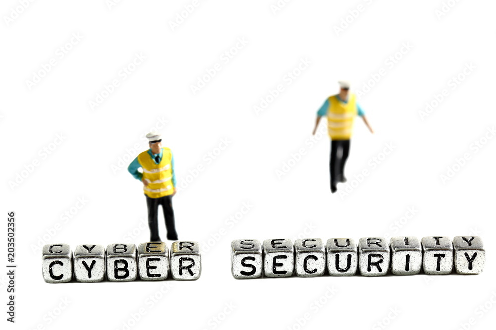 Cyber security on beads with miniature scale model security guards isolated on a white background