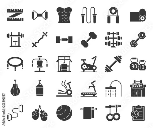 gym equipment and fitness solid icon, such as elliptical trainer, punching bag, grippers, bench, treadmill, trampoline, bicycle gym, kettle bell