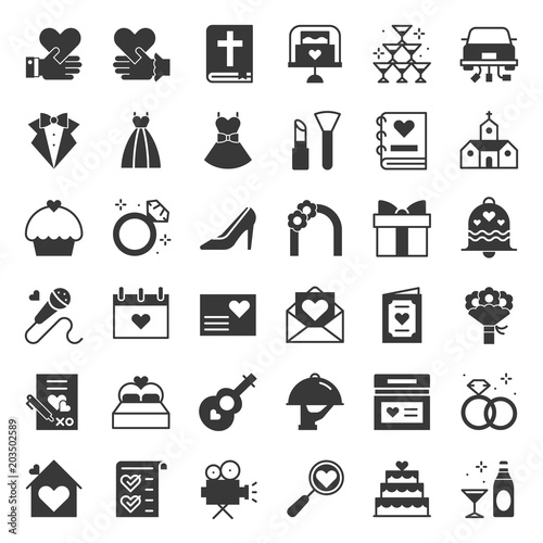 wedding elements solid icon, such as wedding dress, champagne, flower bouquet, cup cake, music, diamond ring