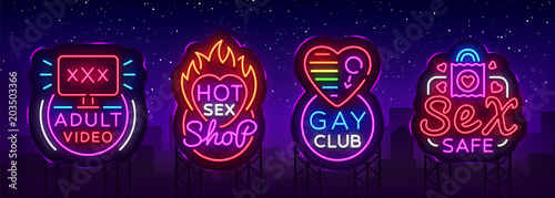 Sex shop set of logos in neon style. Neon sign collection, Gay club, Adult toys, Design template, Light banner on the theme of sex industry, Bright neon advertising. Vector illustration. Billboard