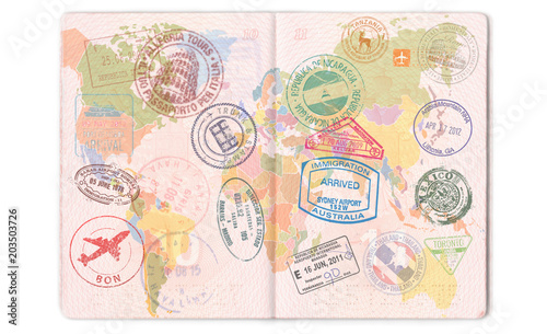 Visas  stamps  seals in the passport. World map  travel