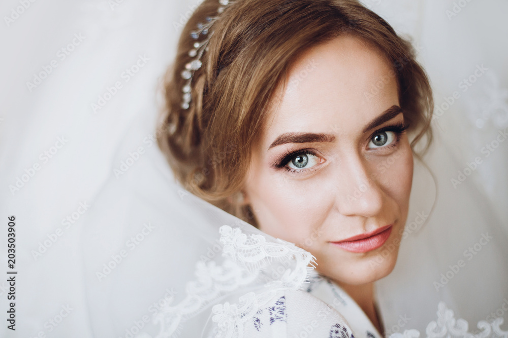 Face closeup of gorgeous bride with makeup and veil, beautiful bride portrait the morning before the wedding Face closeup of gorgeous bride with makeup and veil, beautiful bride portrait the morning before the wedding