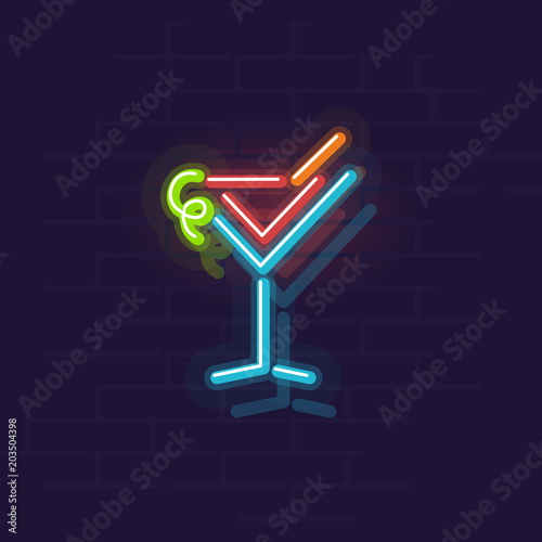 Neon cosmopolitan icon. Night illuminated wall street sign. Isolated geometric style illustration on brick wall background.