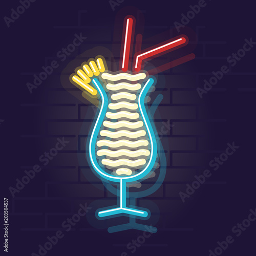 Neon pina colada icon. Night illuminated wall street sign. Isolated geometric style illustration on brick wall background.