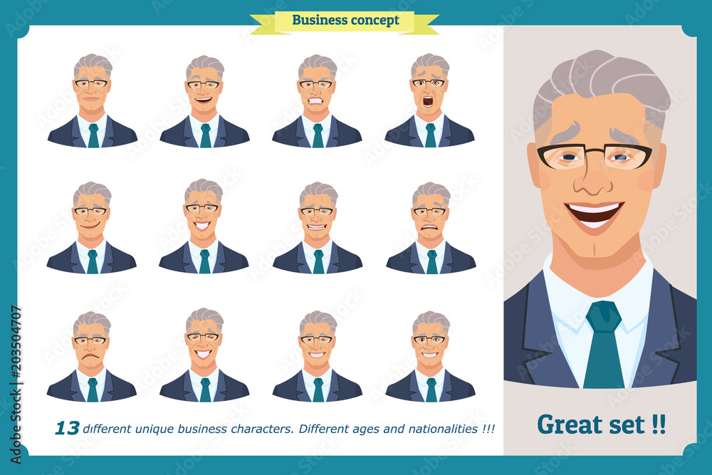 Set of male facial emotions.Face expressions of a man. Flat cartoon character. Businessman in a suit and tie.  business people in round icons. Isolated vector on white.Set of avatars
