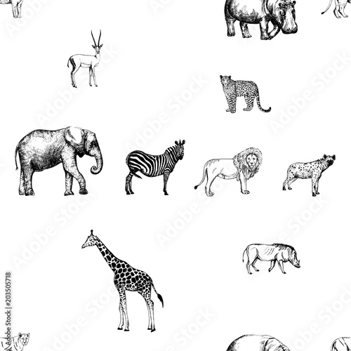 Seamless pattern of hand drawn sketch style animals isolated on white background. Vector illustration.