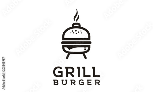 Grilled burger with kettle charcoal grill melted cheese logo design 