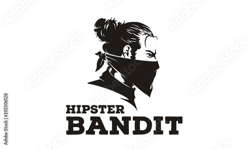 Hipster Bun hair Bandit with Bandana Scarf Mask illustration Logo design 