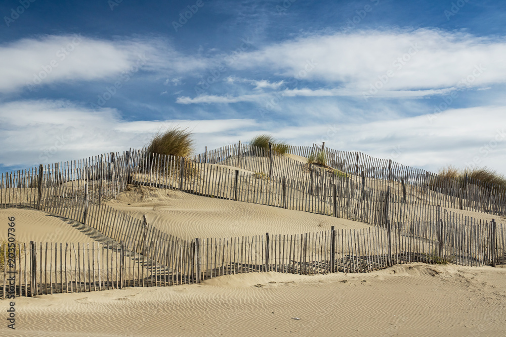 Windy day at the sand dune at French Mediterranean beach of Espiguette.