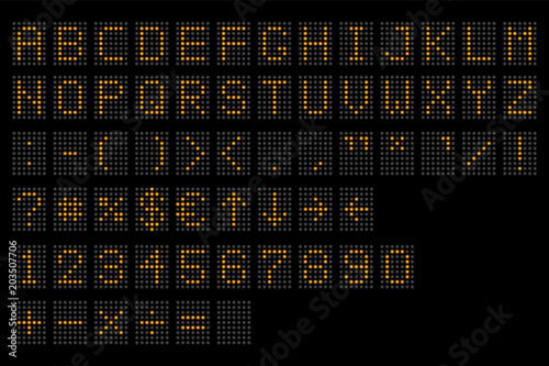 Led digital alphabet. Electronic number and alphabet digital display, letters and symbols. Digital terminal table led font, with grid. Vector illustration.