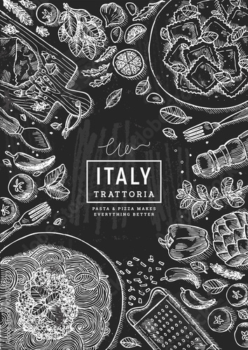 Italian trattoria top view illustration. Spagetti and ravioli table background. Engraved style illustration. Hero image. Vector illustration photo