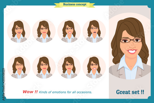 Set of woman expression isolated on white. Flat design. Cute emotions female head illustration.Vector face girl,angry, sad, smiling. Businesswoman character