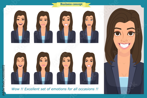 Set of woman expression isolated on white. Flat design. Cute emotions female head illustration.Vector face girl,angry, sad, smiling. Businesswoman character