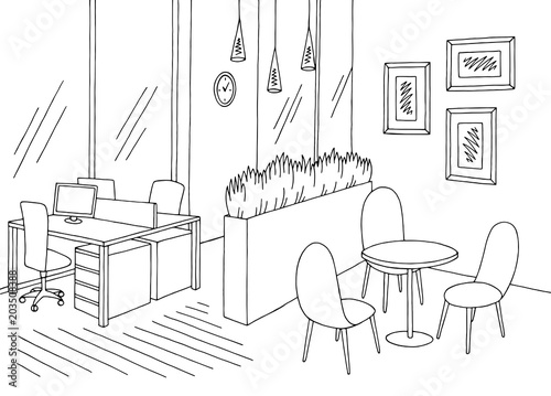 Office room graphic black white interior sketch illustration vector