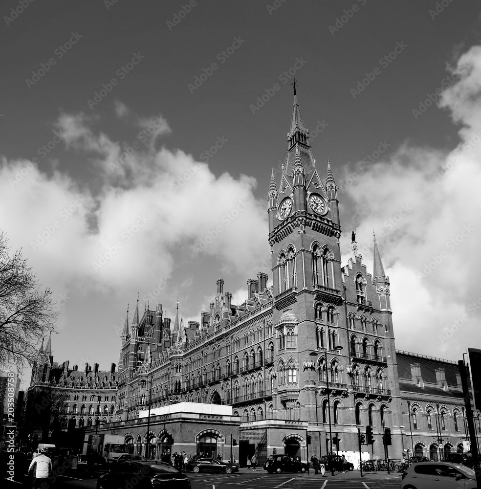 King's Cross Station in London in black and white