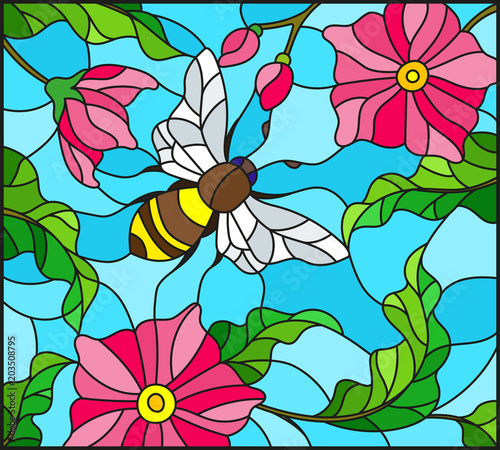 Illustration in stained glass style with bee on background of branches with pink flowers  leaves and sky