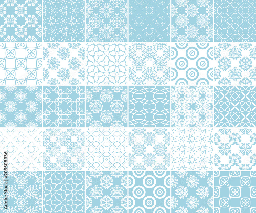 Geometric and floral collection of seamless patterns. Blue and white backgrounds Geometric and floral collection of seamless patterns. Blue and white backgrounds