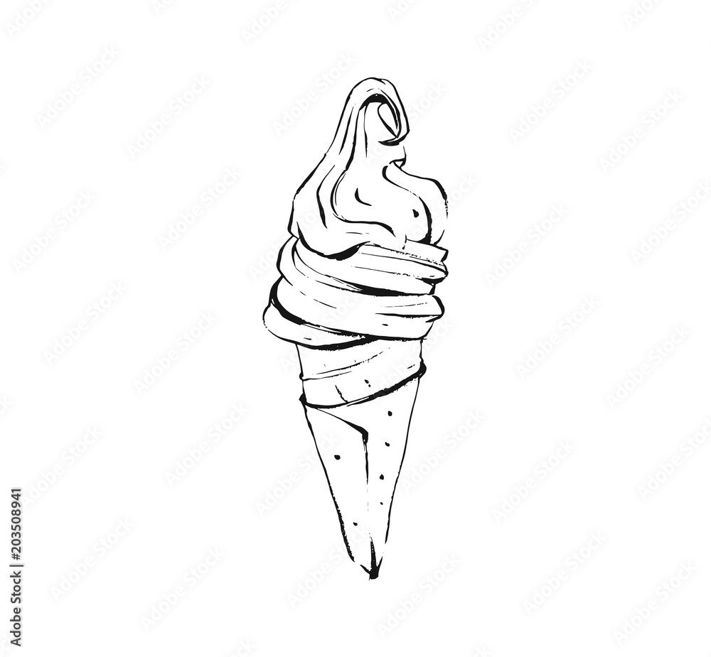 Hand drawn vector abstract artistic cooking ink sketch illustration drawing of waffle ice cream cone isolated on white background.Kids menu concept Hand drawn vector abstract artistic cooking ink sketch illustration drawing of waffle ice cream cone isolated on white background.Kids menu concept