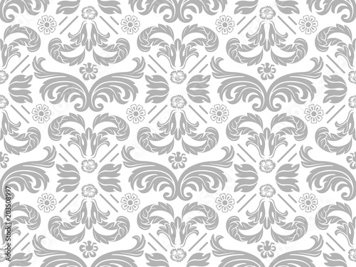 Wallpaper with Silver Damask Pattern - Repetitive Seamless Background Illustration, Vector