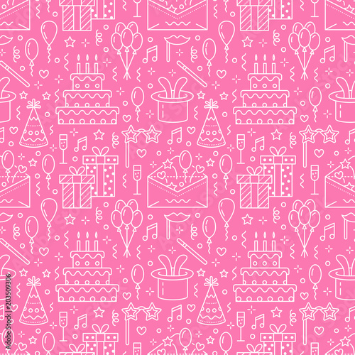 Birthday party pink seamless pattern, flat line illustration. Vector icons of event agency, wedding organization - cake, balloons, gifts, invitation, kids entertainment. Cute repeated background.