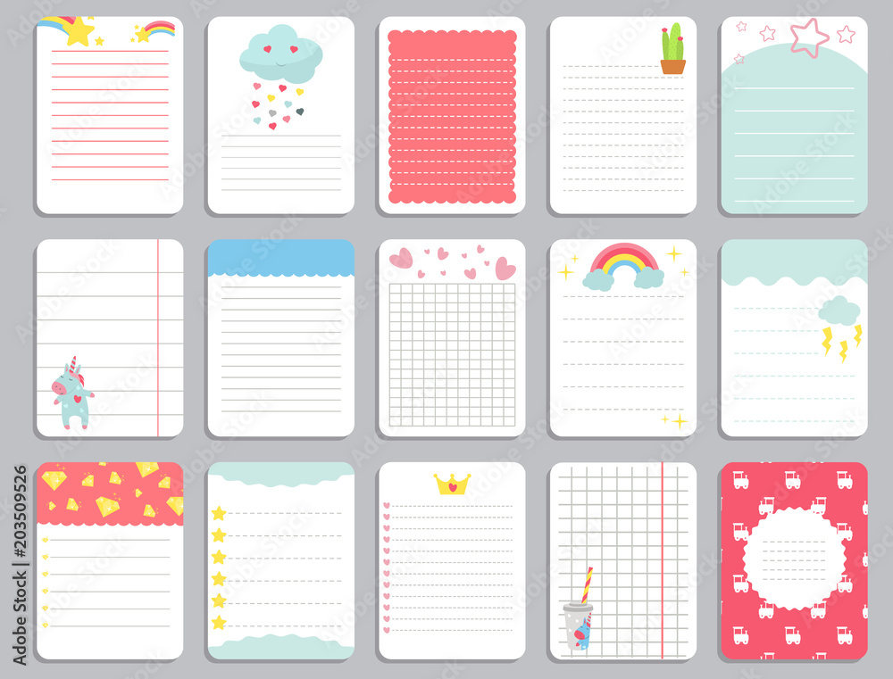 Kids notebook page template vector cards, notes, stickers, labels, tags  paper sheet with unicorn illustrations. Stock Vector | Adobe Stock