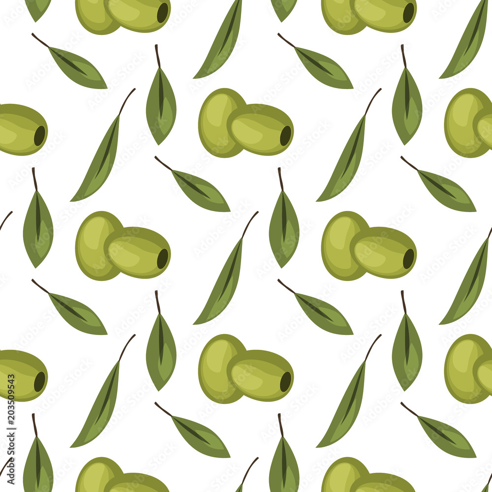 Naklejka premium Olives seamless pattern with ripe olives background design vector illustration for olive oil, natural cosmetics.