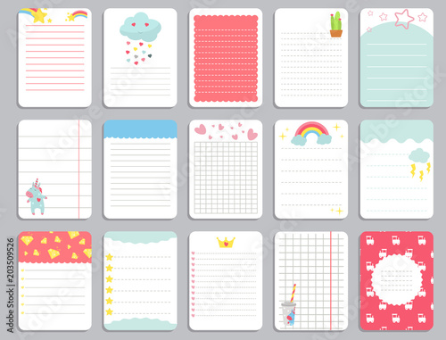Kids notebook page template vector cards, notes, stickers, labels, tags paper sheet with unicorn illustrations.
