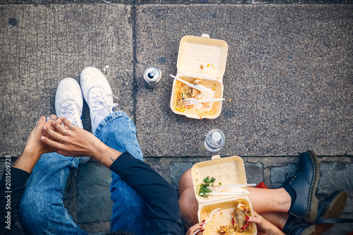 Valokuva Concept, top view of tourists eating takeaway food on street at Camden market in