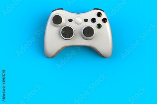 Computer game competition. Gaming concept. White joystick isolated on blue background, 3D rendering