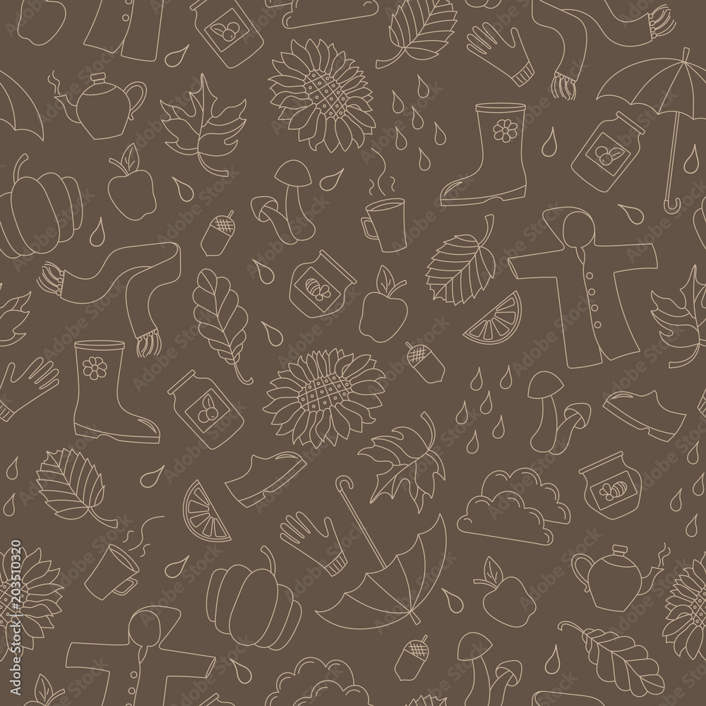 Seamless pattern on the theme of autumn, a simple outline beige outline on a brown background Seamless pattern on the theme of autumn, a simple outline beige outline on a brown background