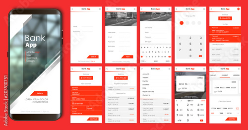 Design of the mobile app UI, UX. A set of GUI screens for mobile banking and bitcoin exchange with login and password input, home page, payment information, ratings and statistics