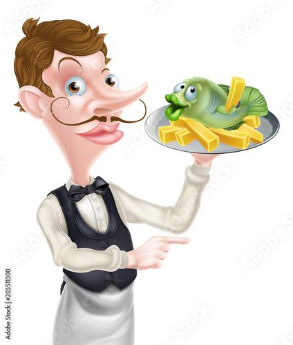 Cartoon Waiter Butler Holdi...