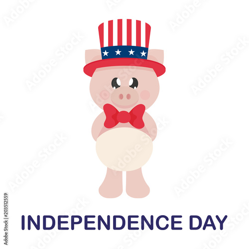 4 july cartoon cute pig in hat with text