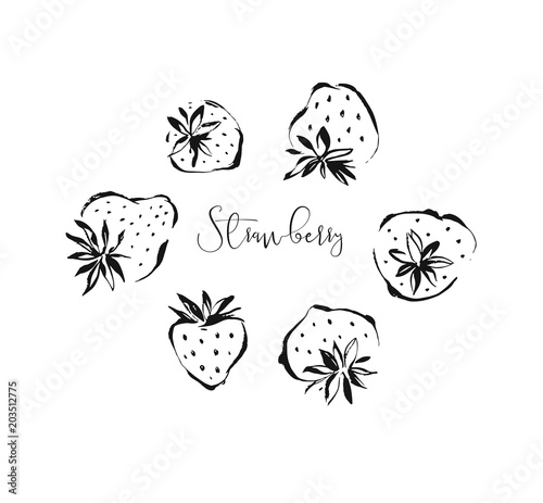 Hand drawn vector abstract exotic strawberry fruit ink textured illustrations sketch drawing collection set isolated on white background.Healthy lifestyle concept