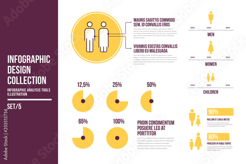 Design elements of infographics on topic of demography. Image of round diagrams, information data statistic people, infographic analysis tools illustration. Vector set of abstract virtual elements.