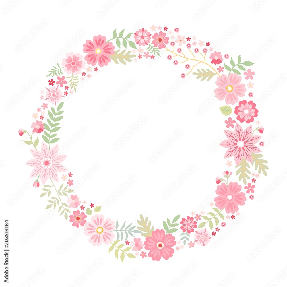 Romantic floral round frame with cute pink flowers. Beautiful wreath isolated on white background. Vector template for greeting cards, wedding invitations, covers.