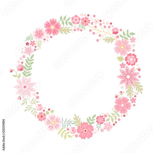 Romantic floral round frame with cute pink flowers. Beautiful wreath isolated on white background. Vector template for greeting cards, wedding invitations, covers.