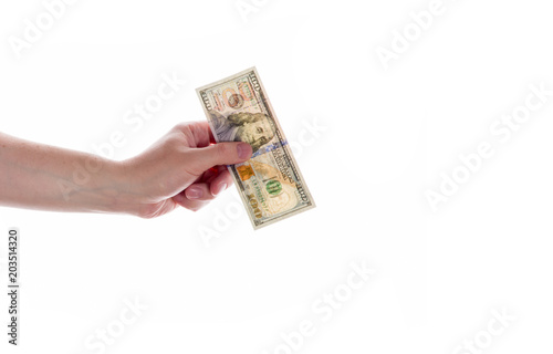 Hand holding one hundred dollars bills usa on white background.