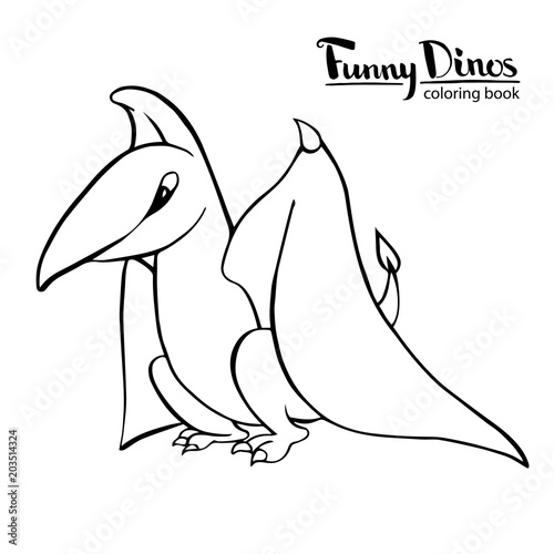 Funny kind children's cartoon dinosaur pterodactyl pteranadone hand-drawn vector coloring book illustration.
