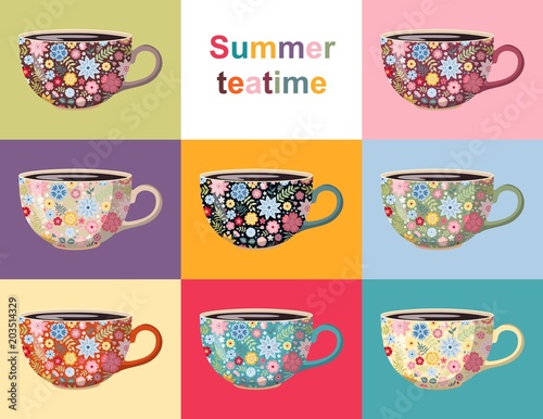 Summer teatime. Cute collection of cups with floral pattern. Crockery design with beautiful flowers on different backgrounds. Vector set.