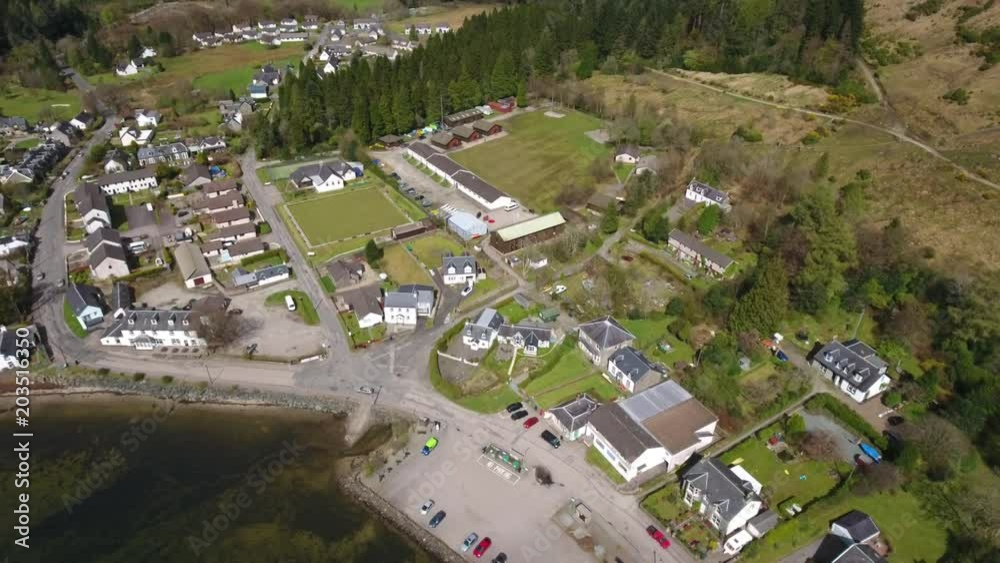 Aerial footage of the small village of Lochgoilhead at the northern end