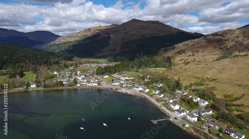 Aerial footage of the small village of Lochgoilhead at the northern end of Loch Goil. photo